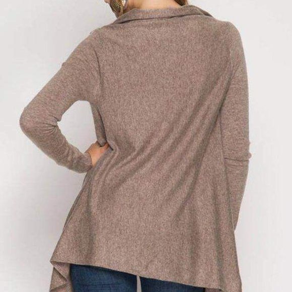 Mocha Long Sleeve Wrap Shawl Fringe Trim Cardigan Sweater - Picture 2 of 5